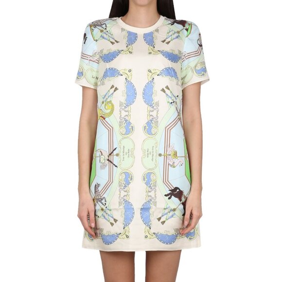 Tory Burch Carousel T Shirt Tee Mini Dress Silk Front Animal Blue Carnival S - Picture 1 of 15